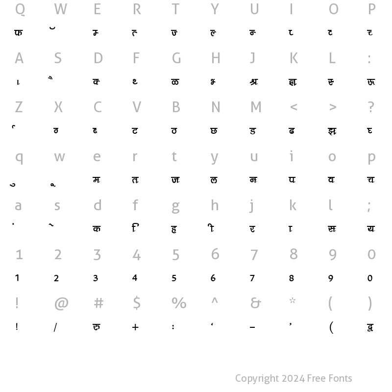 Character Map of Kruti Dev 211 Bold