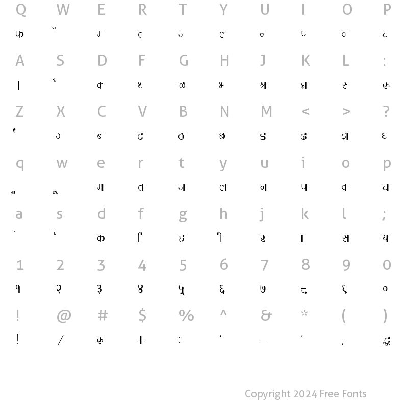 Character Map of Kruti Dev 220 Condensed Regular