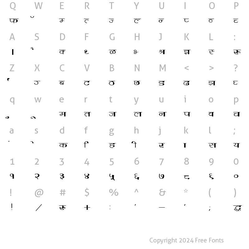 Character Map of Kruti Dev 220 Wide Regular