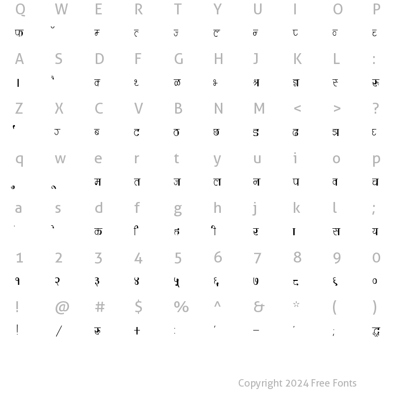 Character Map of Kruti Dev 224 Regular