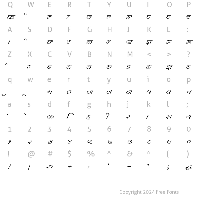 Character Map of Kruti Dev 260 Wide Regular