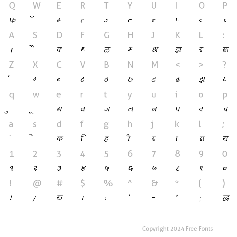 Character Map of Kruti Dev 270 Italic