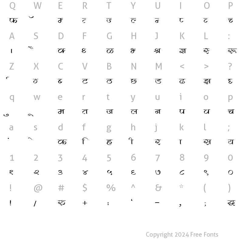 Character Map of Kruti Dev 280 Wide Regular