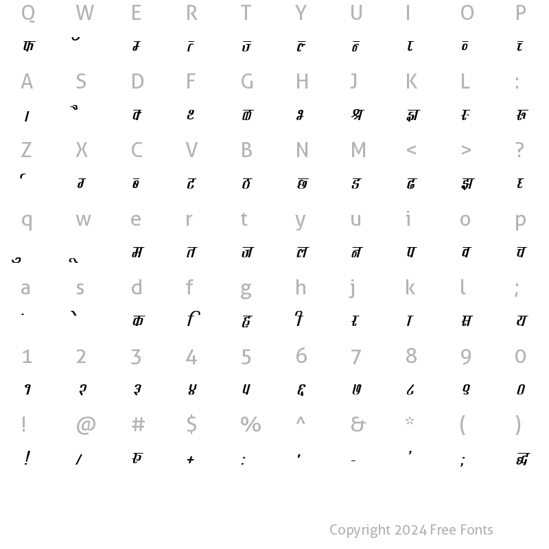 Character Map of Kruti Dev 340 Bold Italic