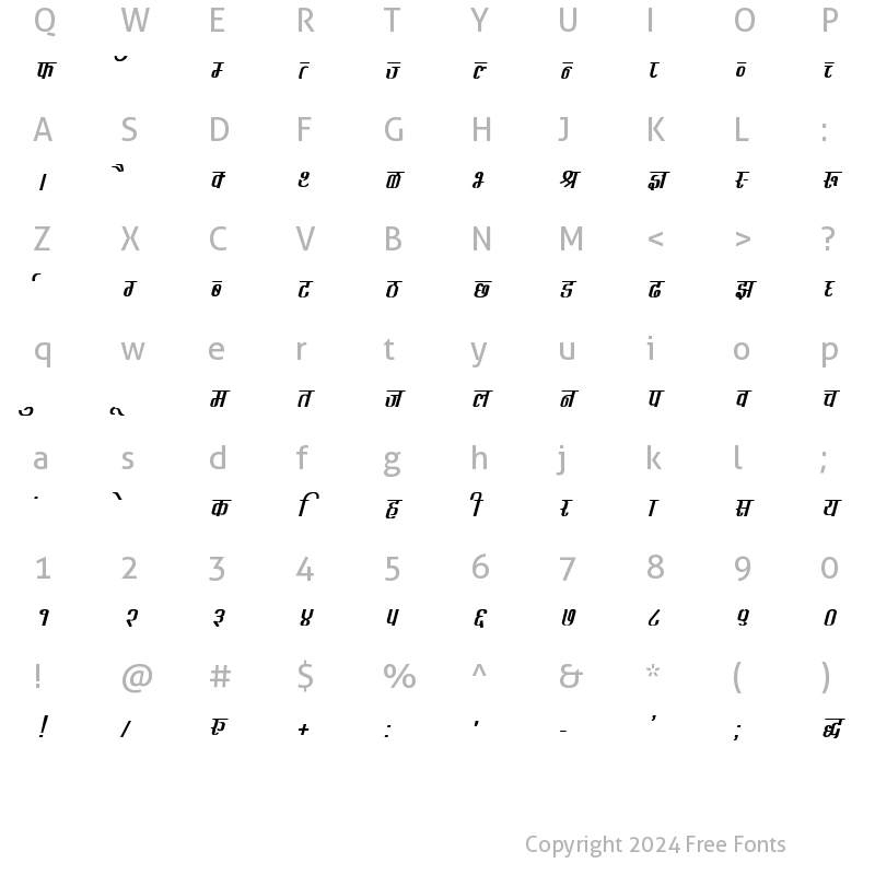 Character Map of Kruti Dev 343 Regular