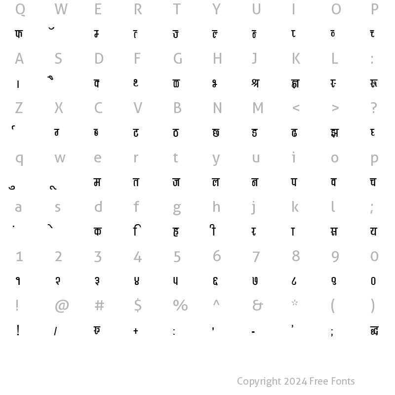 Character Map of Kruti Dev 370 Condensed Regular