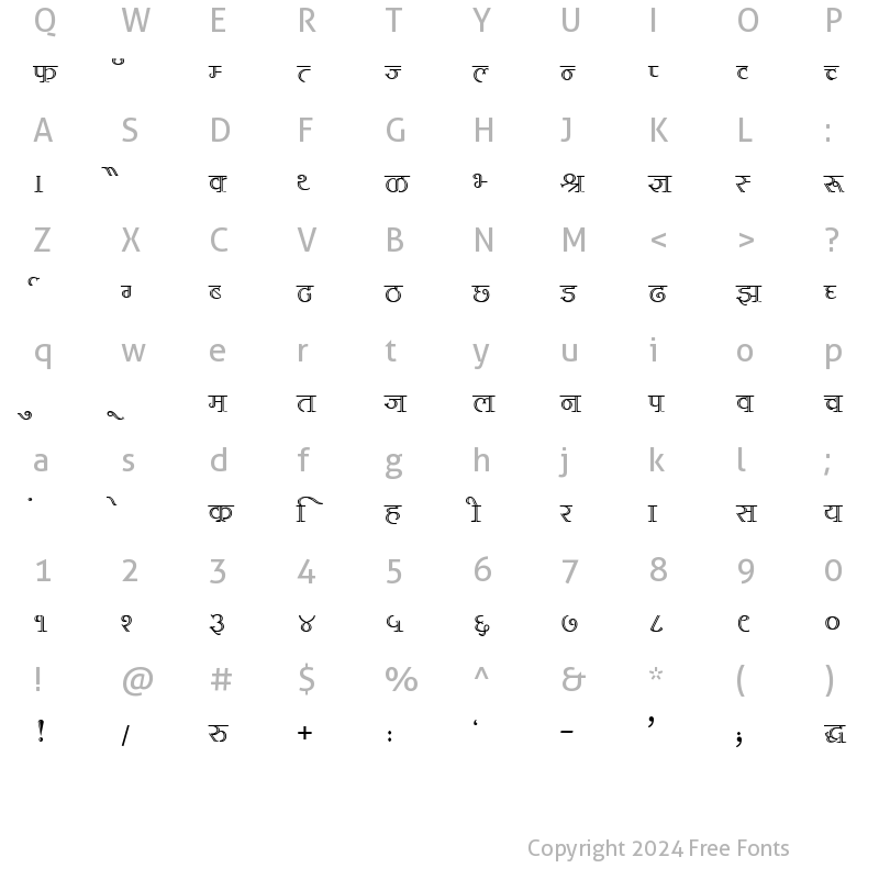 Character Map of Kruti Dev 380 Regular