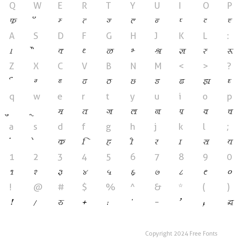 Character Map of Kruti Dev 382 Italic