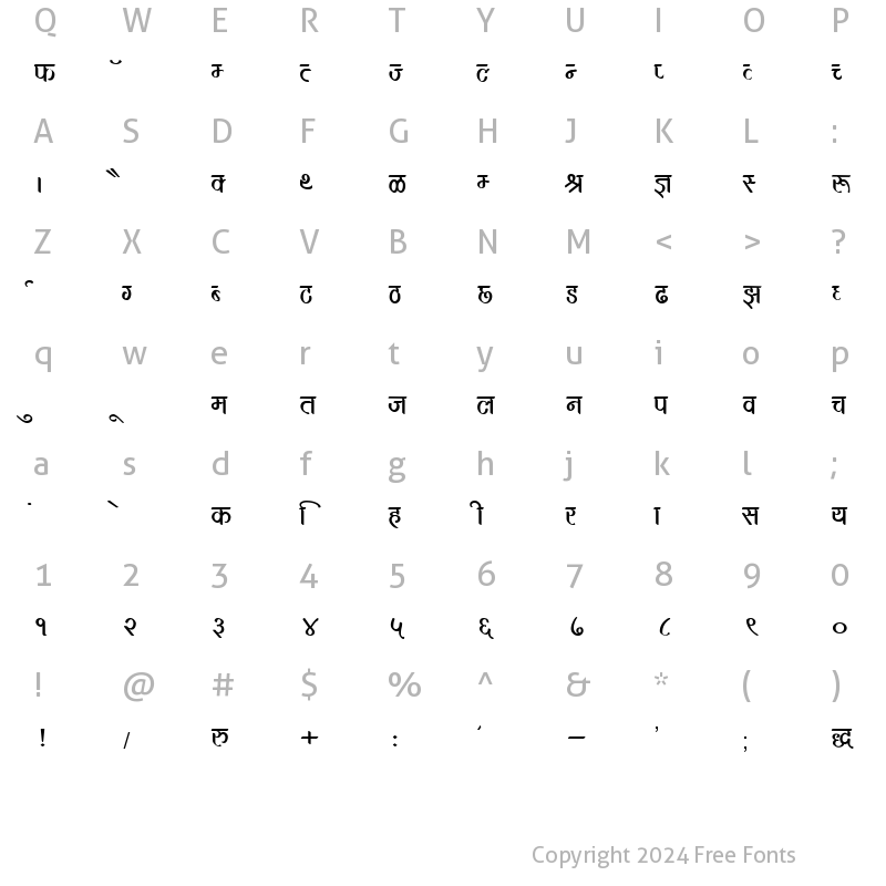 Character Map of Kruti Dev 390 Wide Regular