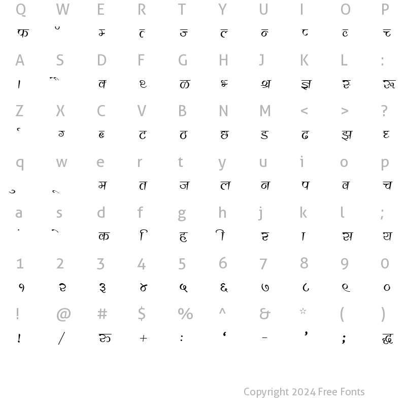 Character Map of Kruti Dev 560 Regular