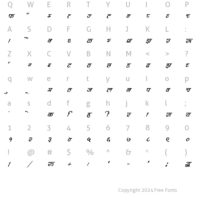 Character Map of Kruti Dev 562 BoldItalic