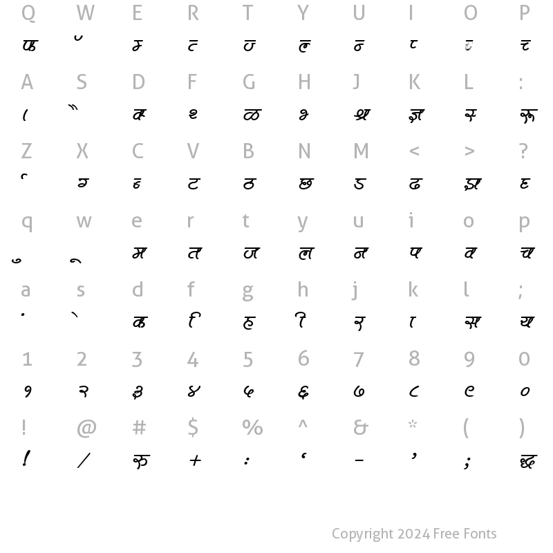 Character Map of Kruti Dev 601 Bold