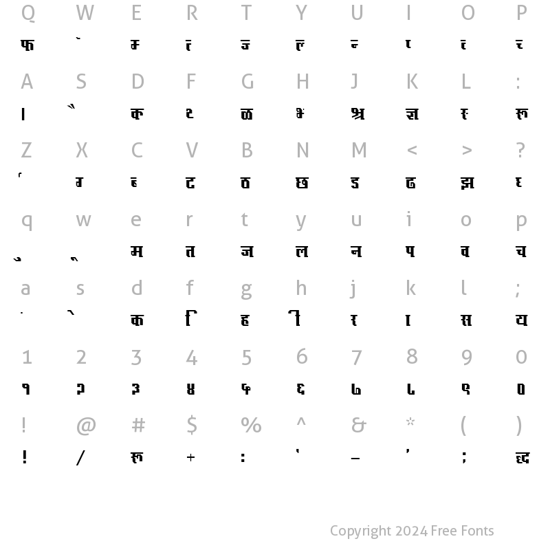 Character Map of Kruti Dev Display 480 Regular