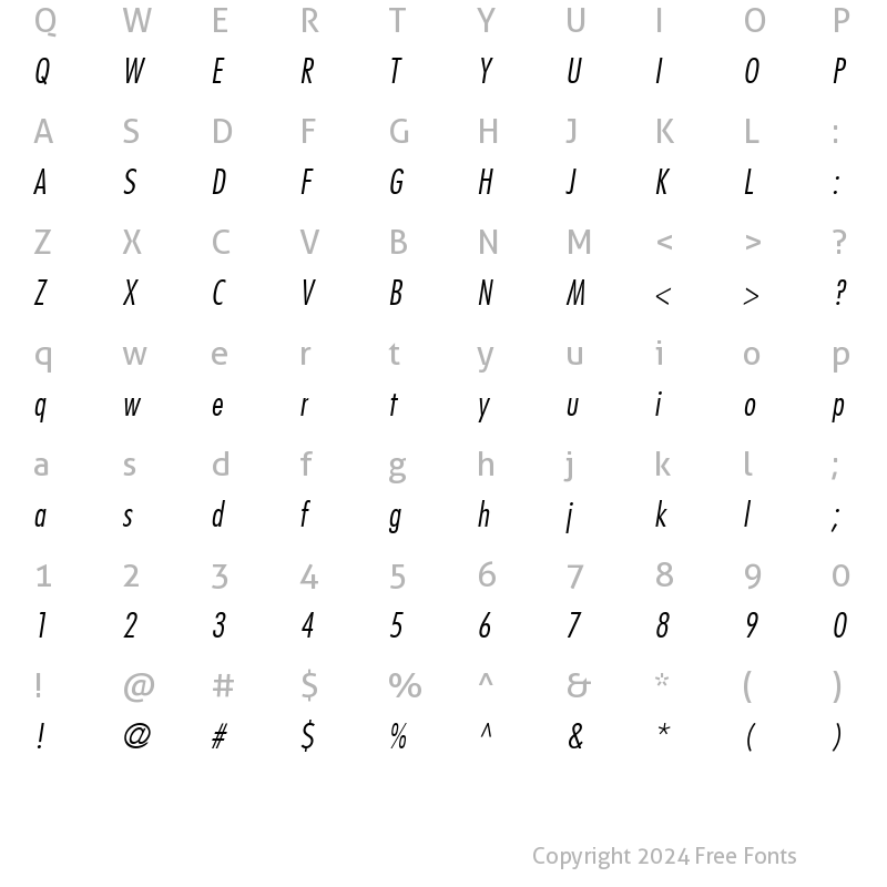 Character Map of Kudos Light Condensed SSi Light Condensed Italic