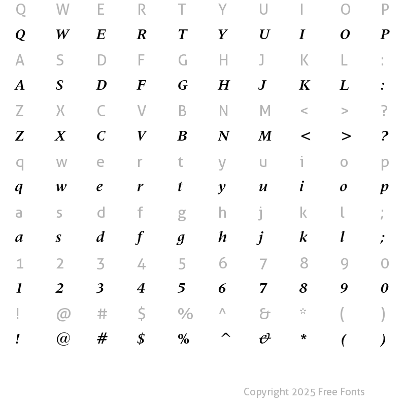 Character Map of Latin 725 Bold Italic