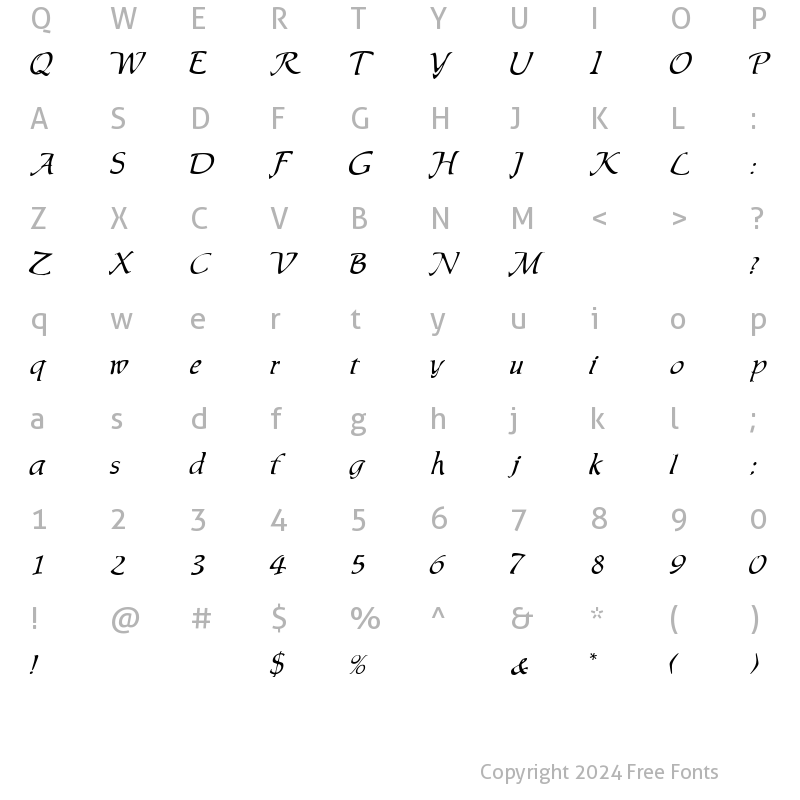 Character Map of LeisureCaligraphic Regular