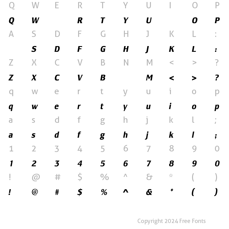 Character Map of LesmoreBoldCondensedItalic Regular