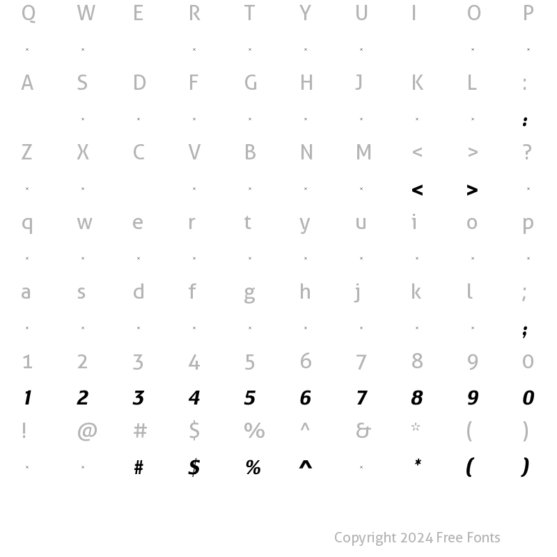 Character Map of LesmoreBoldCondensedItalicTab Regular