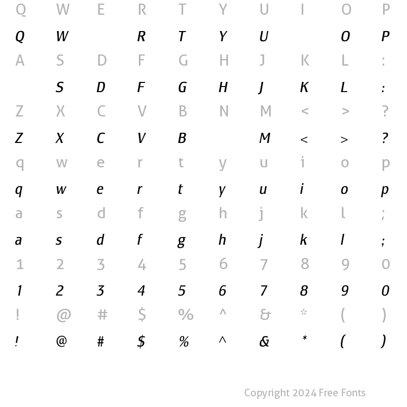 Character Map of LesmoreBookCondensedItalic Regular