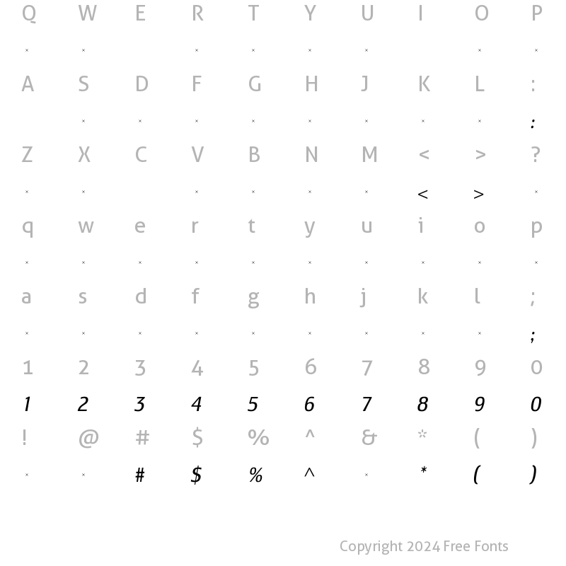 Character Map of LesmoreBookCondensedItalicTab Regular