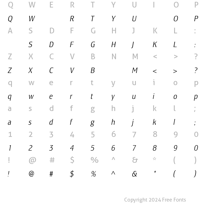 Character Map of LesmoreLightCondensedItalic Regular