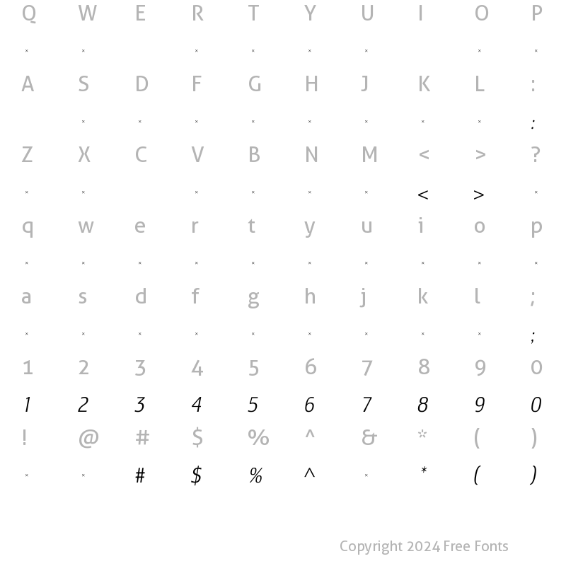 Character Map of LesmoreLightCondensedItalicTab Regular