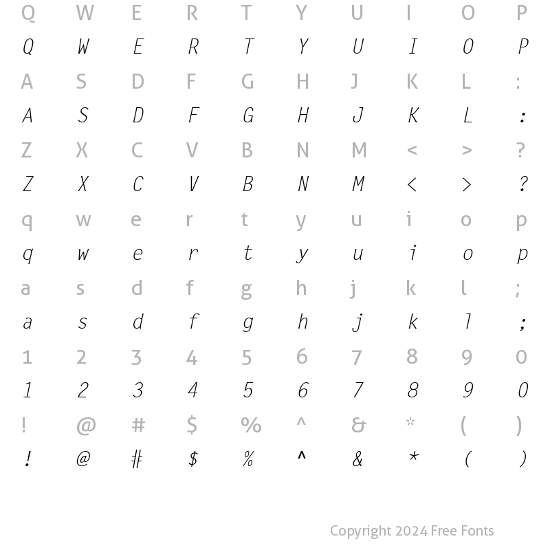 Character Map of Letter Becker Regular Italic