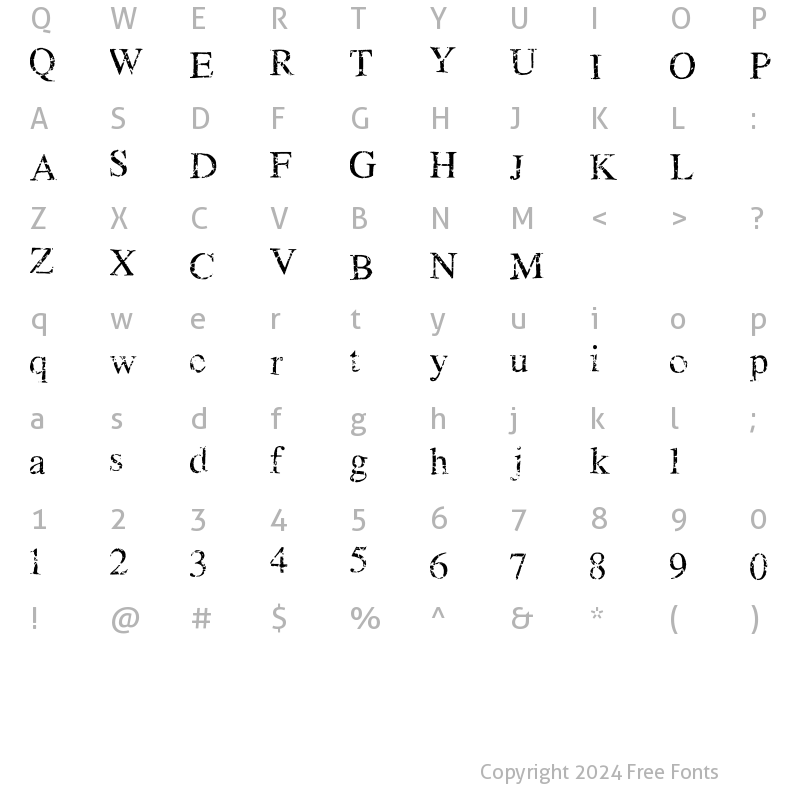 Character Map of LHF Rawson & Evans Regular