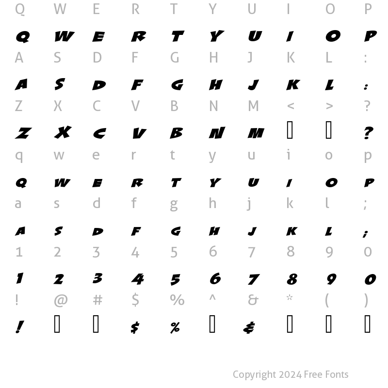 Character Map of LHF Splash Italic Regular