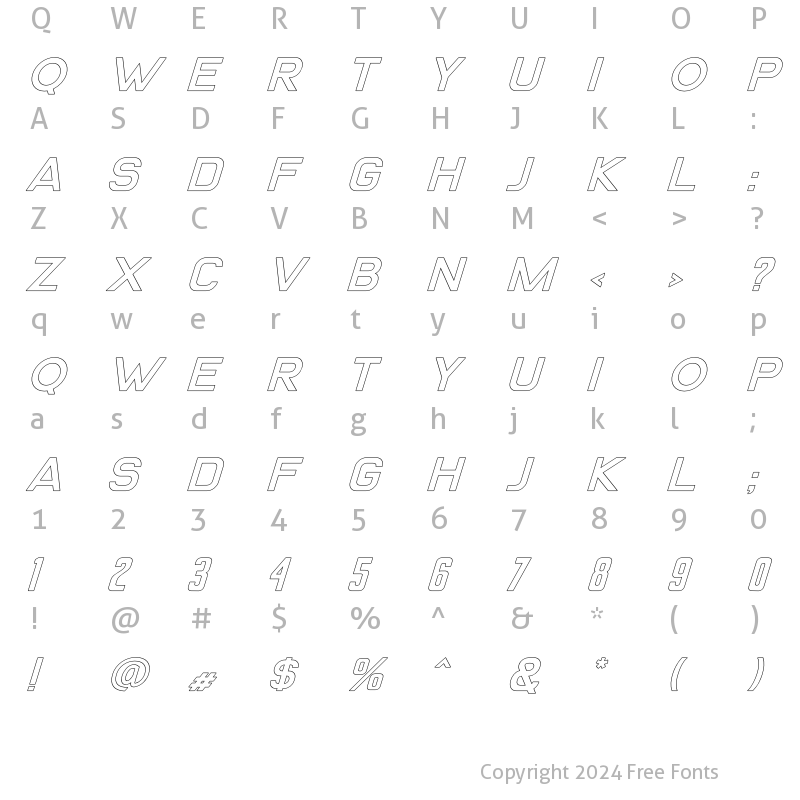 Character Map of Lione Outline Italic Regular