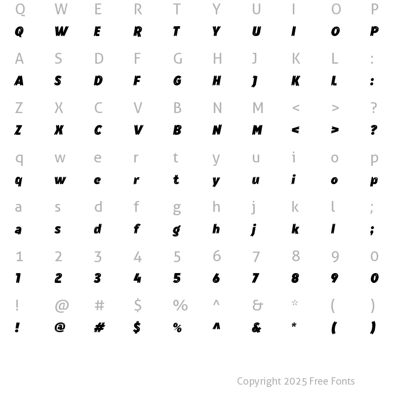 Character Map of Lonkie Brush Bold Italic