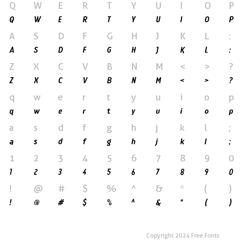 Character Map of Lonkie Brush Regular Italic