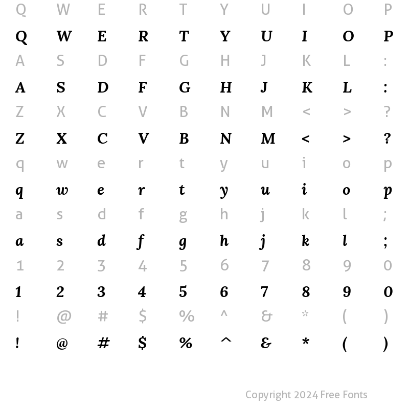 Character Map of Lora Bold Italic