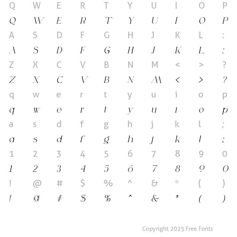 Character Map of Lovers in London Serif - Italic Italic