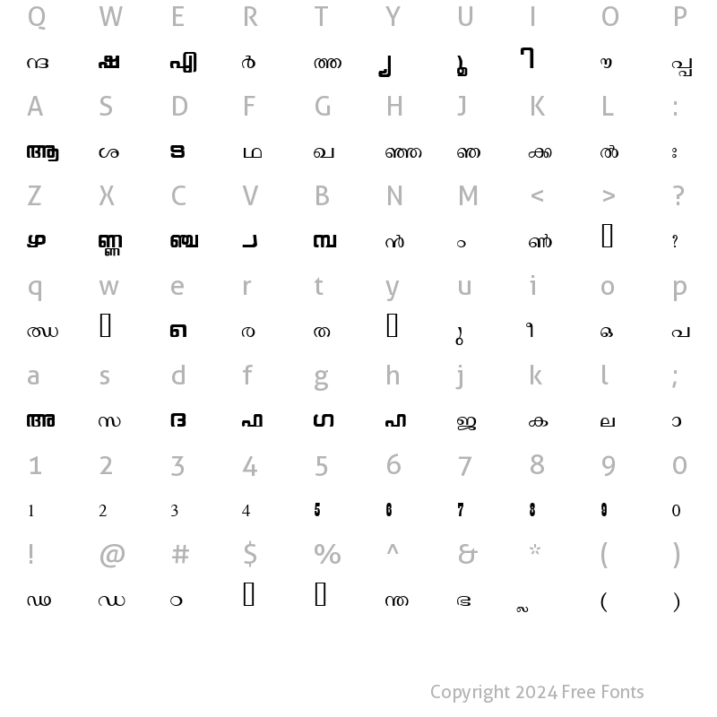 Character Map of Malyalam Vijay Demo Regular