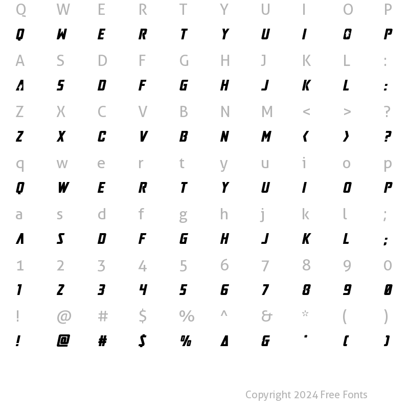 Character Map of Mandalore Expanded Italic Regular