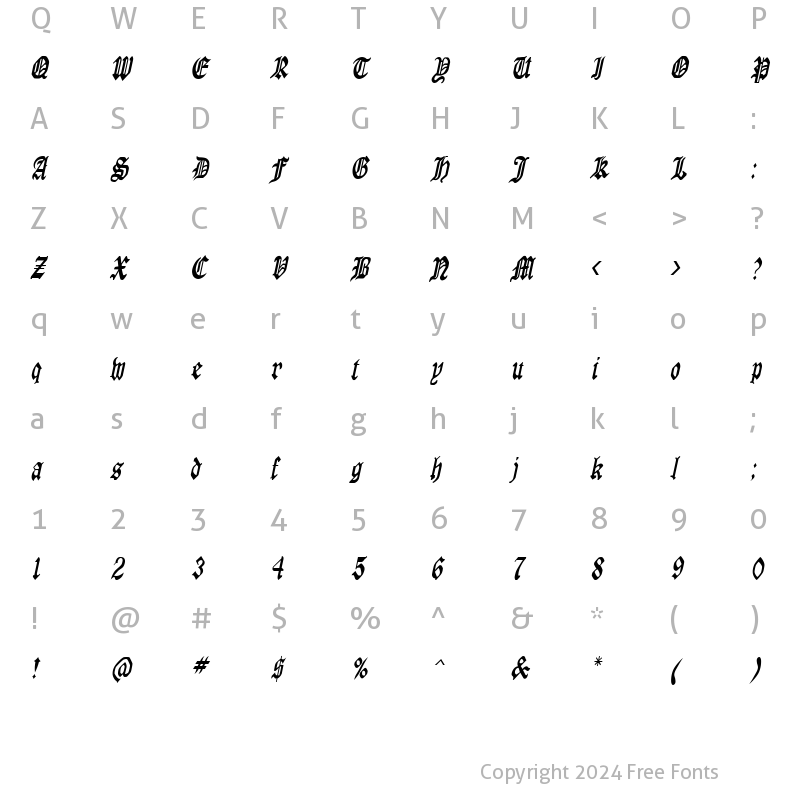 Character Map of Manuscript-Condensed Italic