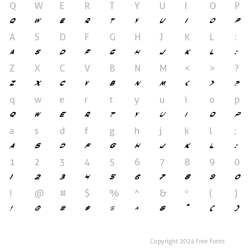 Character Map of Masked Marvel Italic Italic