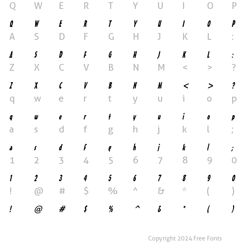 Character Map of Massey Condensed Italic