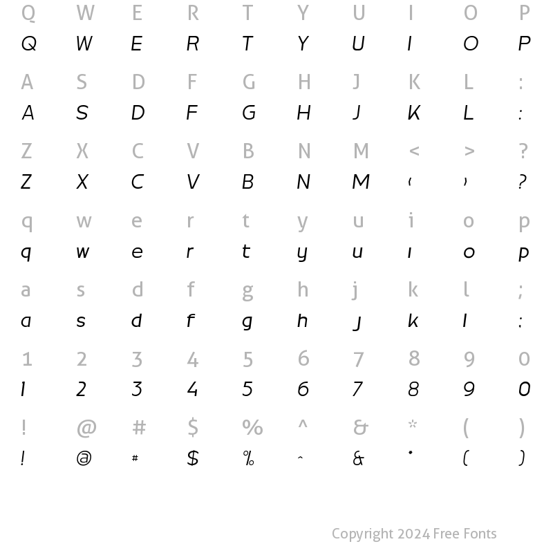 Character Map of MBF Neutral Jack Elegant Light Italic