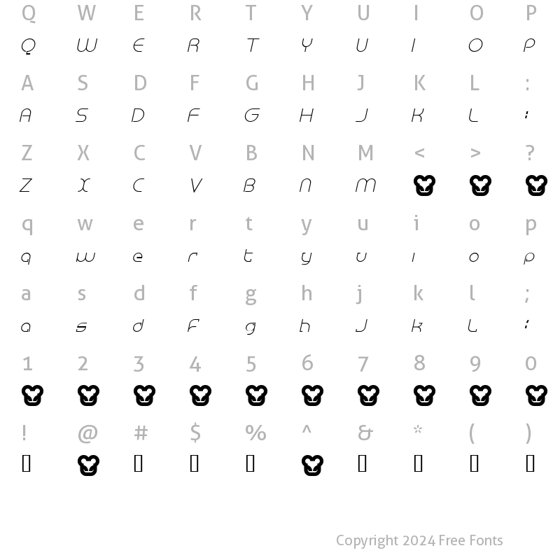 Character Map of Megalomania Italic