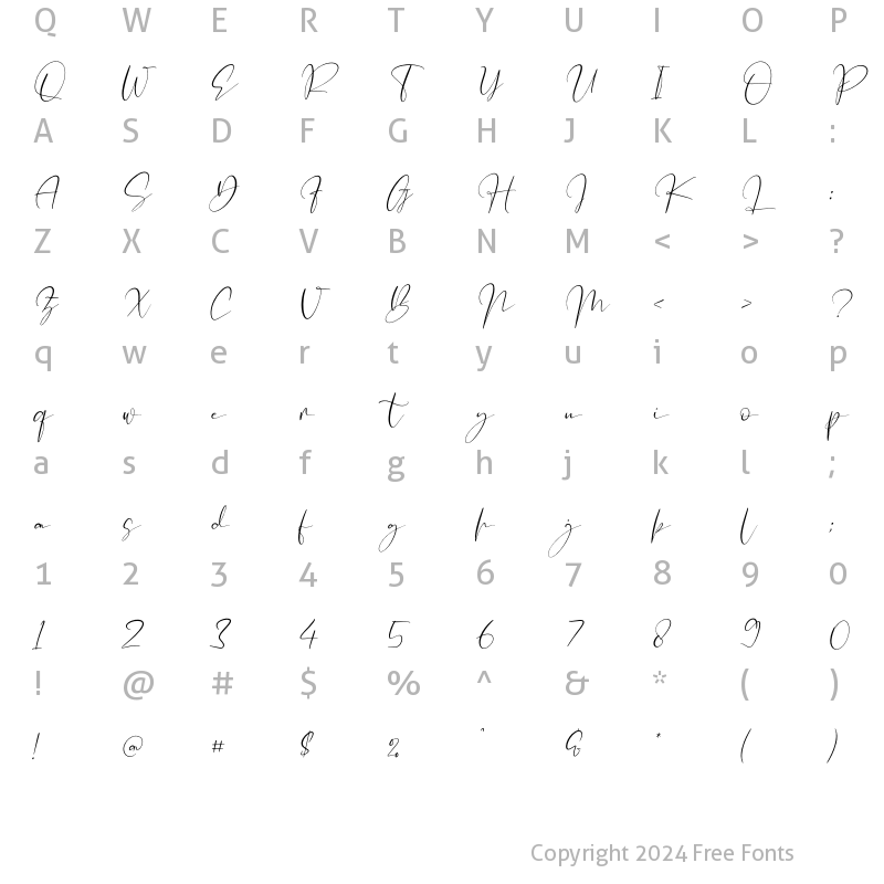 Character Map of Mellyani Script Italic