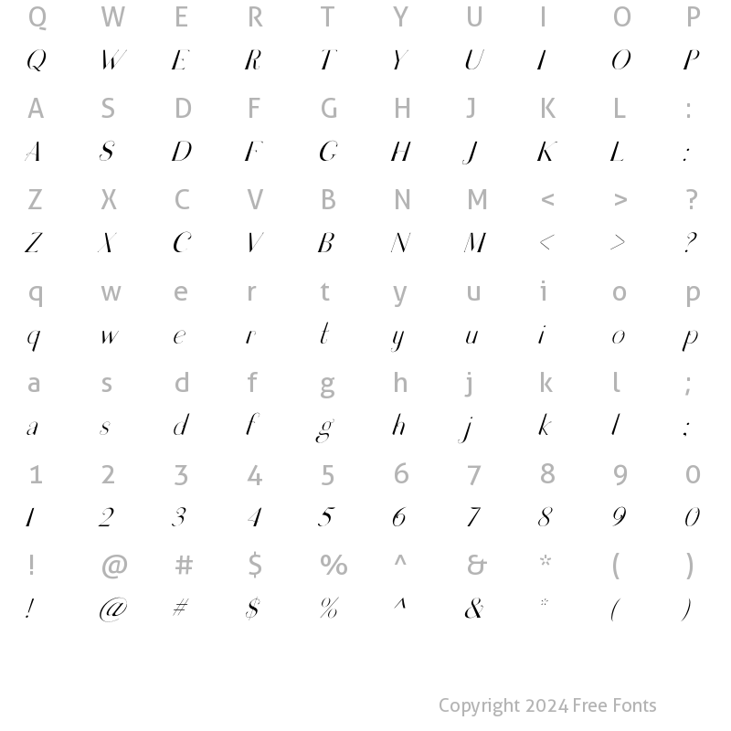 Character Map of Melogia Light Italic