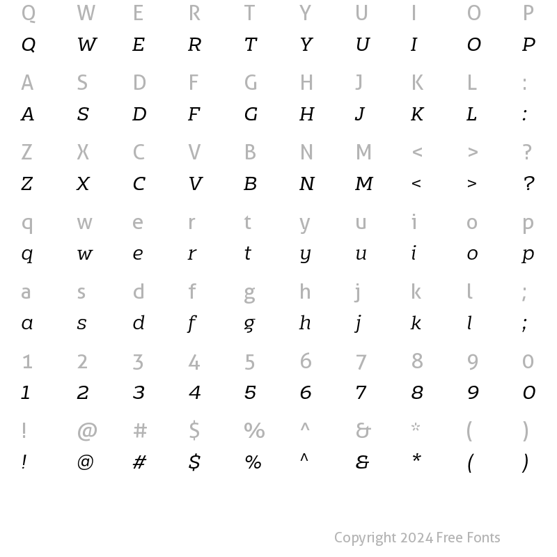 Character Map of Mensch Serif Regular Italic