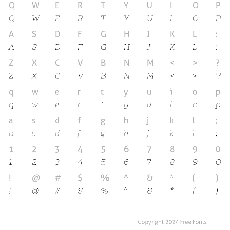 Character Map of Mensch Serif Thin Italic