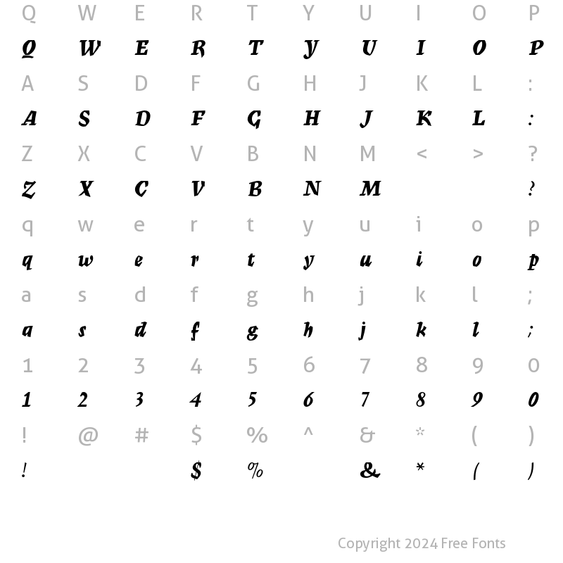 Character Map of Mercurius MT Script Bold