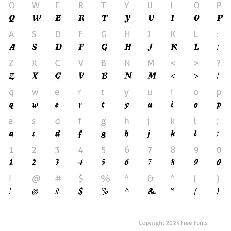 Character Map of Mercurius MT Std Bold Script