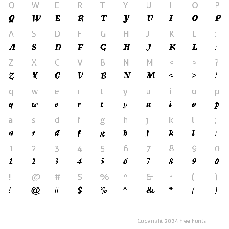 Character Map of Mercurius Script MT Bold Bold