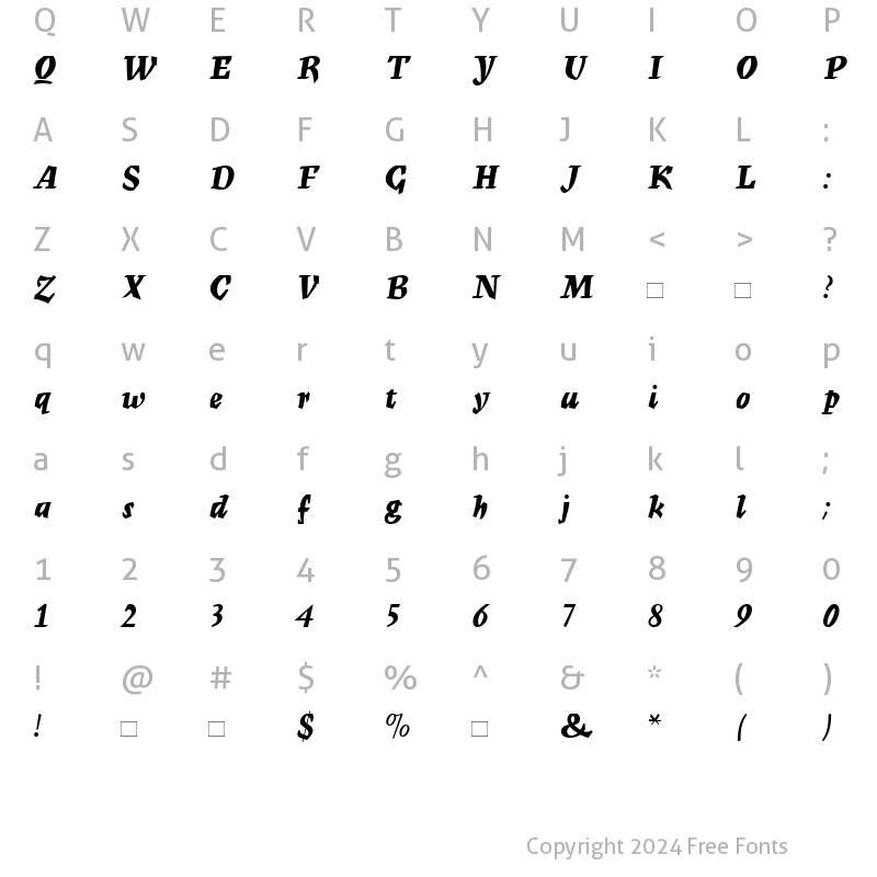 Character Map of MercuriusMTScript BoldItalic