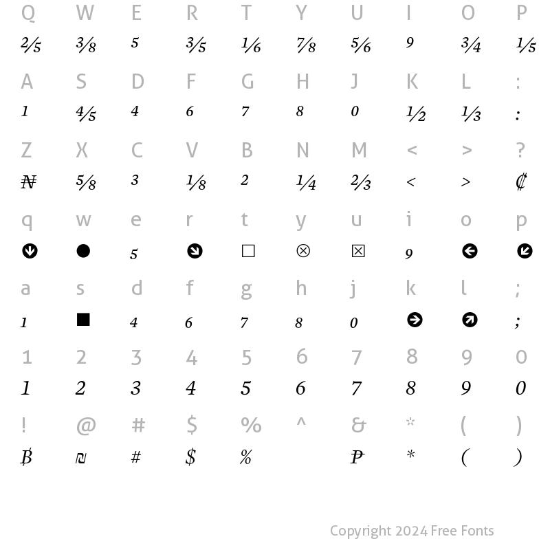 Character Map of Mercury Numeric G1 Italic